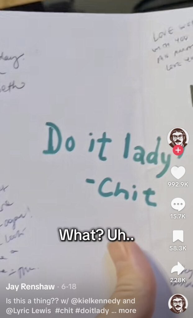 Image of the card with “Do It Lady” written inside, from the viral Chit TikTok video by Jay Renshaw. Credit: @renshawjay