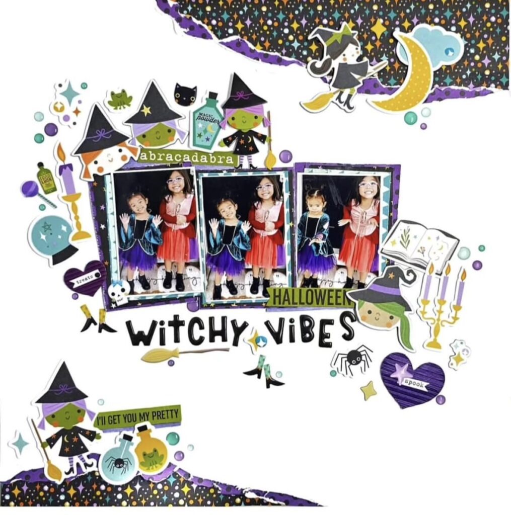 Playful Halloween scrapbook with “Witchy Vibes” title, bold patterns, layered cutouts, and sparkly embellishments for a modern take on witchy magic. Credit: Kim Jenkins for @paperissues