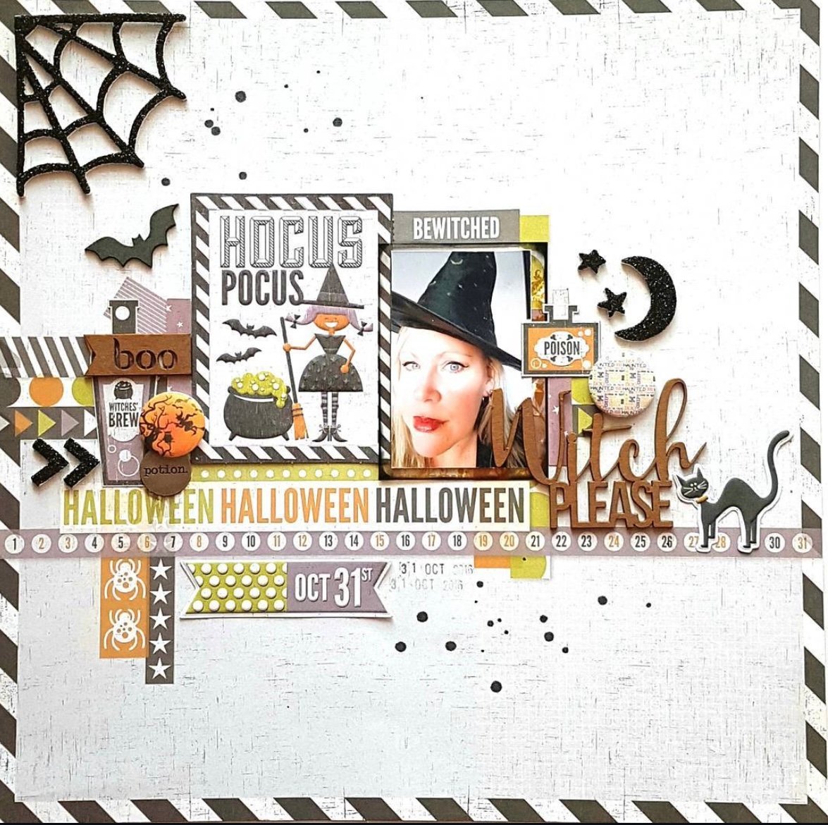 Playful Halloween scrapbook layout with a cartoon witch, spiderwebs, black cat details, and vibrant fall colors, bringing out the fun side of witchy magic. Credit: @tarrahm