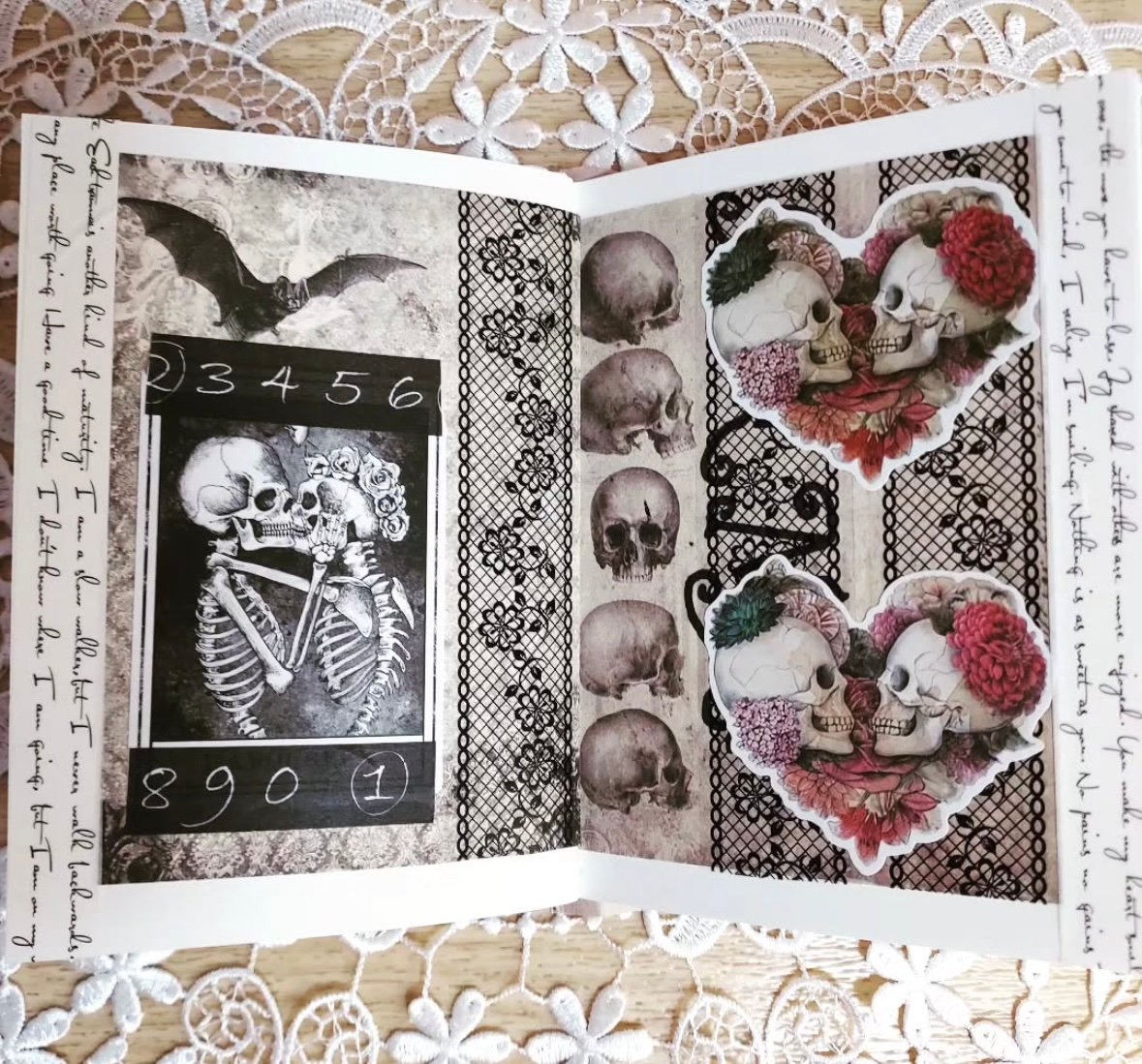 Gothic journal page with skeletons in heart-shaped floral frames. Credit: joeudakku
