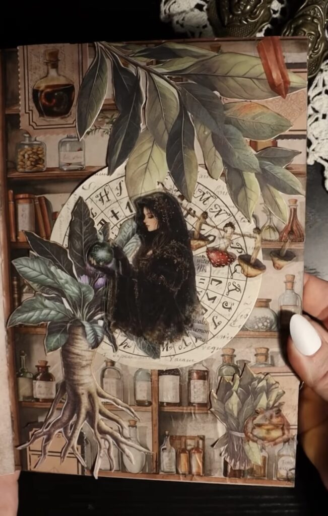 Sepia-toned journal layout with earthy green vibes, clock embellishments, and a girl at the center, channeling forest magic. Credit: @bookworm_journal_