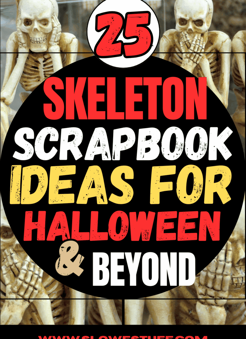 pinterest pin image of skeletons doing see no evil speak no evil hear not evil with heading 25 skeleton scrapbook ideas for halloween and beyond and www.slowetuff.com