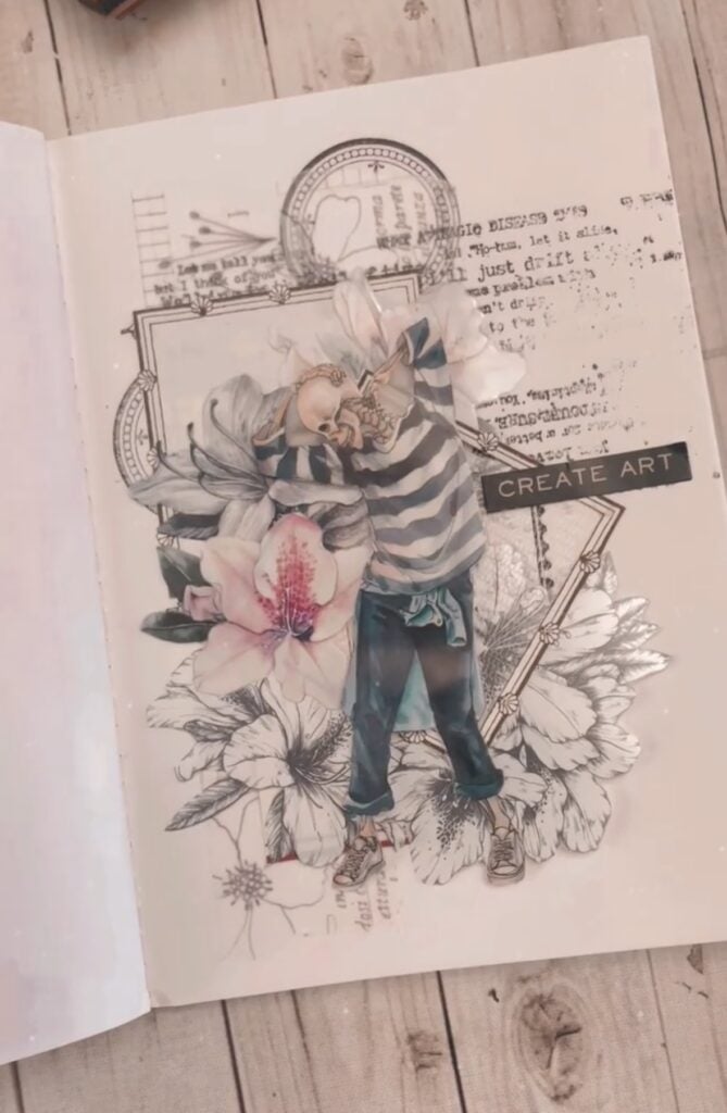Skeleton in striped shirt and floral background scrapbook layout. Credit: thecornerstationery