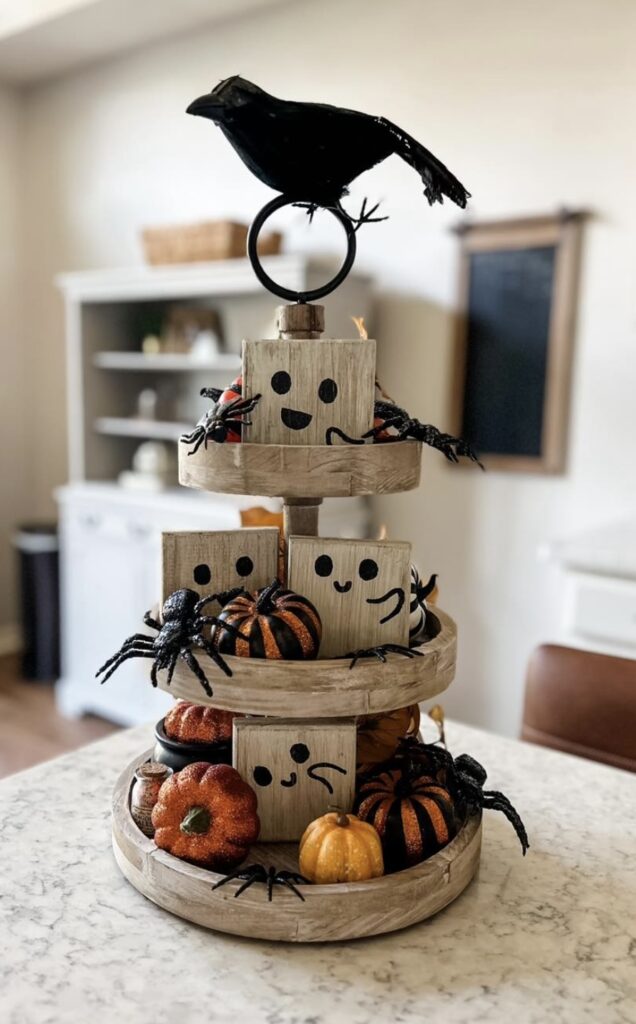 Spooky farmhouse tiered tray with wooden ghost cutouts, gingham ribbon, mini mason jar lanterns, and pops of black and white—so many cozy textures for Halloween. Credit: boardandbrushftmyers.