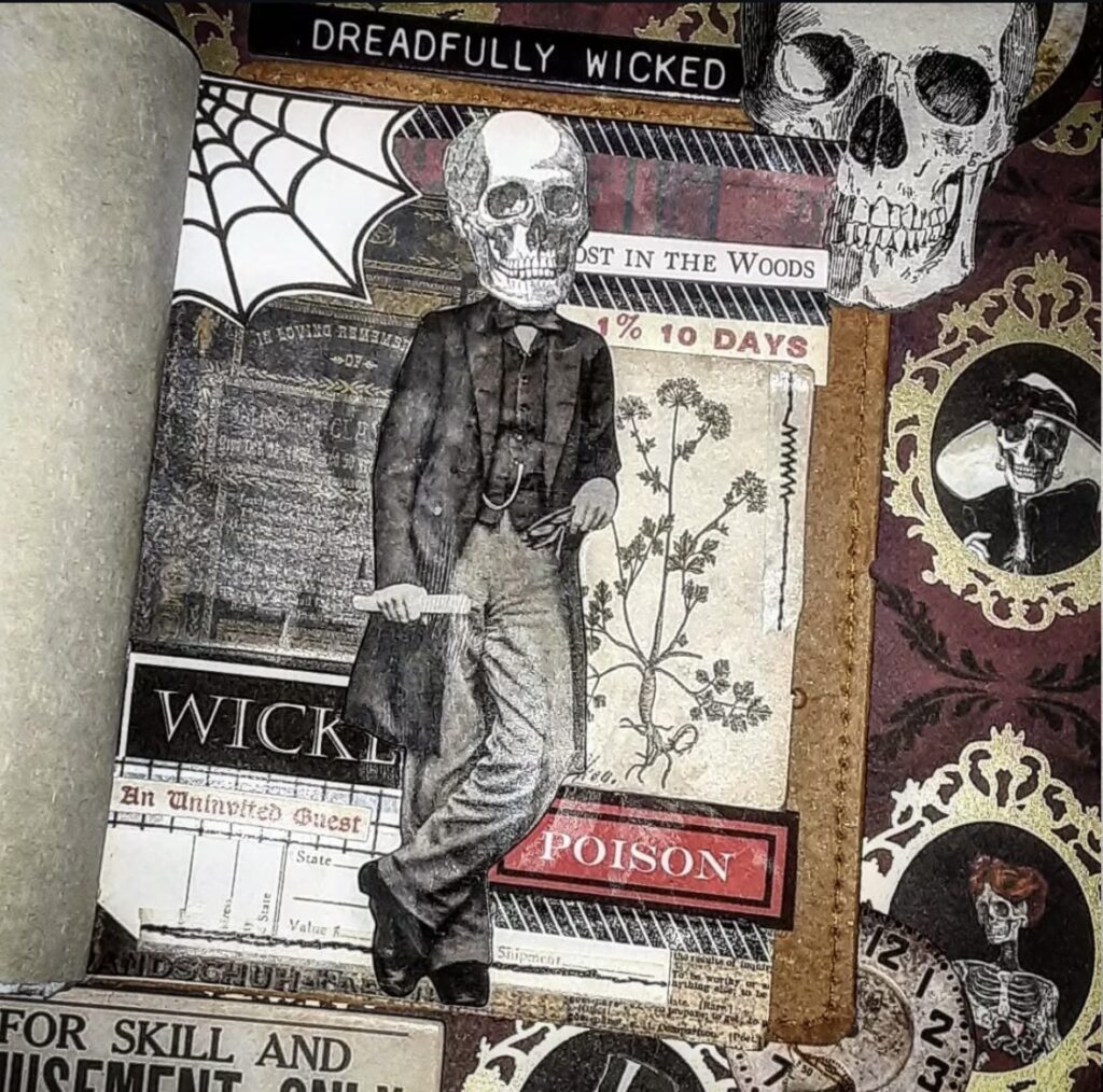 Victorian skeleton character scrapbook page, dreadfully wicked. Credit: thejunkjournaljunkie