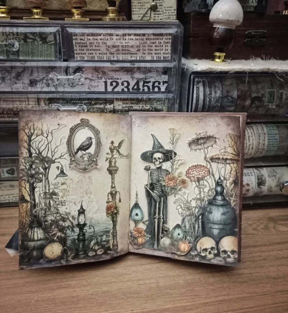 Witch skeleton junk journal with mushrooms and jars. Credit: myjournal.pages