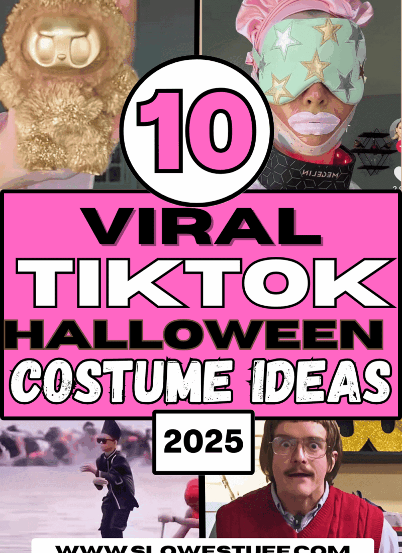 Bright pink Pinterest pin graphic for Top 10 Viral TikTok Halloween Costume Ideas 2025. Features images of Gold Labubu, Morning Shed, Bistro Huddy, and more, with bold text for high Pinterest engagement. Created by Slowestuff.com.