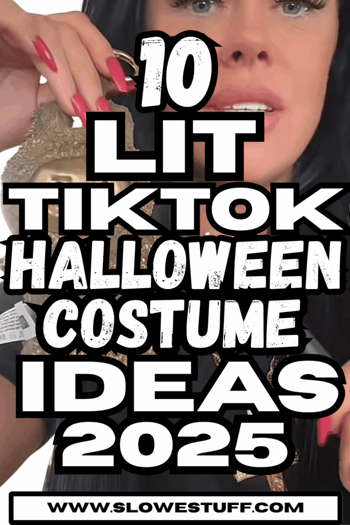 Pinterest pin featuring bold text: 10 Trendy TikTok Halloween Costume Ideas 2025, overlaid on image of gold labubu and woman Designed for maximum readability and Pinterest SEO by Slowestuff.com