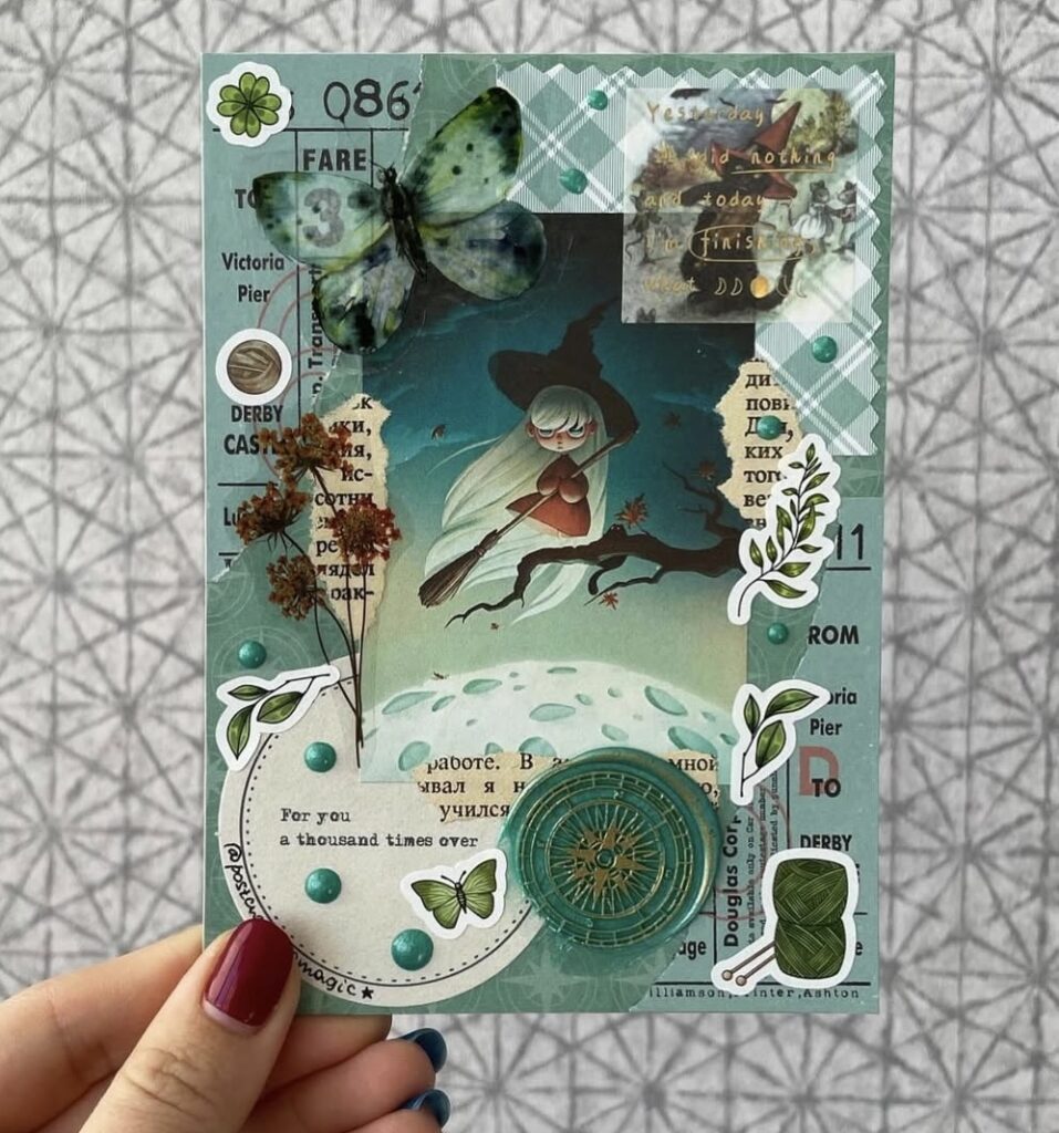 Whimsical green witch journal card with a cartoon witch illustration, magical details, and playful, enchanted vibes. Credit: @postcrossingmagic