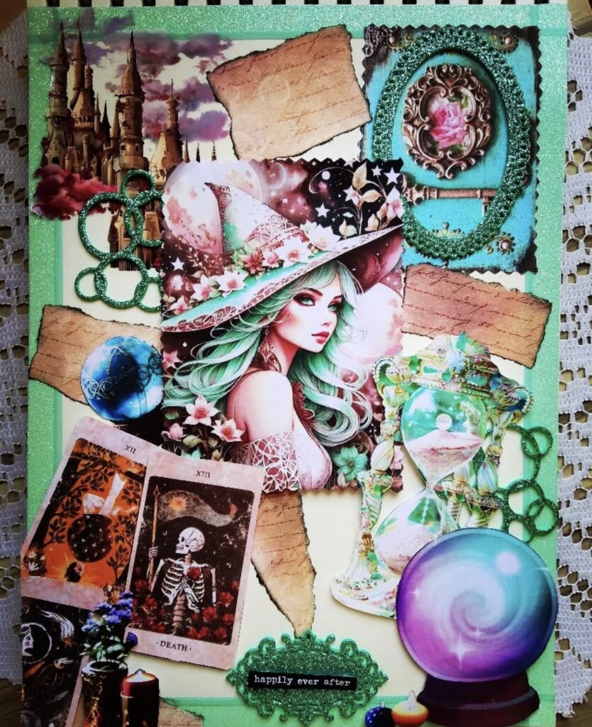 Whimsical junk journal page featuring a green-haired witch, tarot cards, castle, hourglass, and crystal ball, all in vibrant magical colors. Credit: @i.live.in.a.bubble