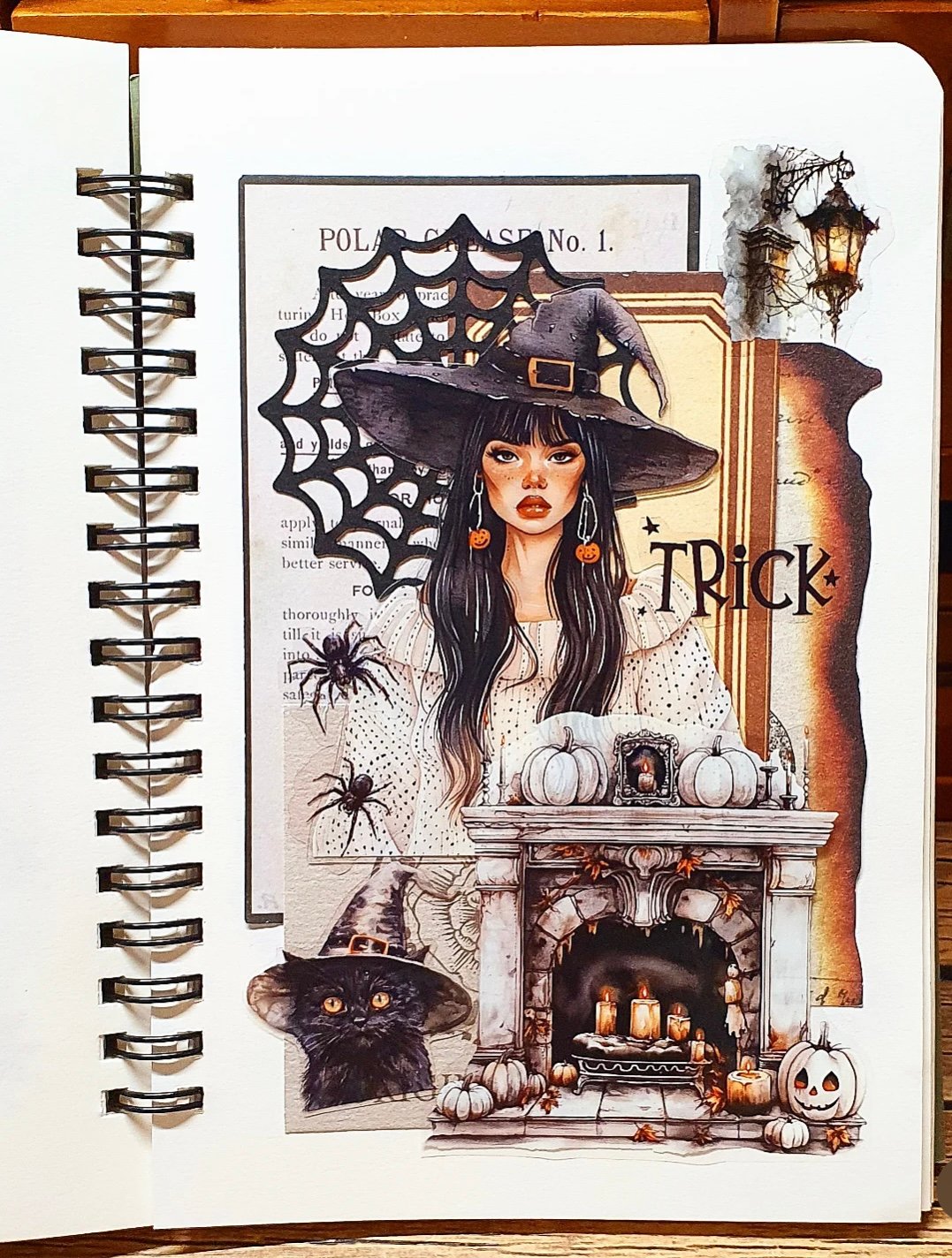 Whimsical witch scrapbook page showing a witch with long, flowing hair, dreamy dark colors, layered textures, and a magical night-sky atmosphere. Credit: @dagguru_eun