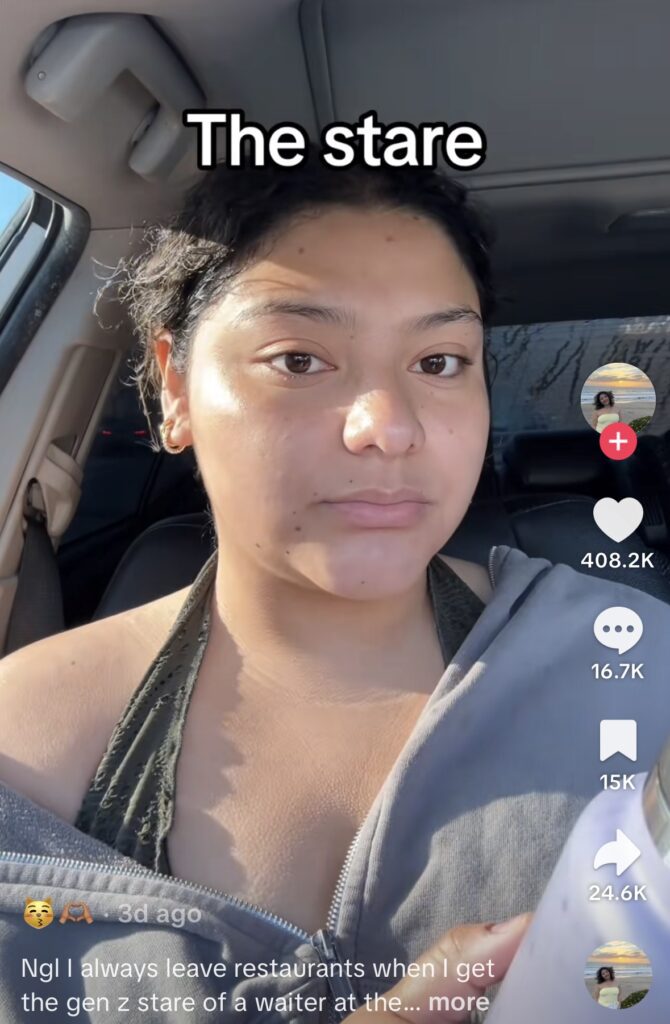 TikTok screenshot of the Gen Z Stare trend, by @talking2myphone. Simple Halloween costume idea for 2025 based on viral TikTok memes.