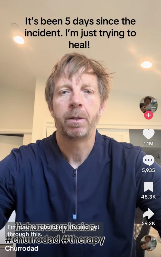 Follow-up TikTok image of Exploding Churro Dad making a self-deprecating video about his recovery after the churro incident. Trending meme costume idea for Halloween 2025, inspired by viral TikTok moments.