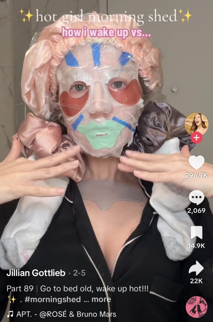 TikTok screenshot of a woman in full “Morning Shed” skincare costume by @jilliangottlieb. Viral TikTok Halloween costume idea for 2025.