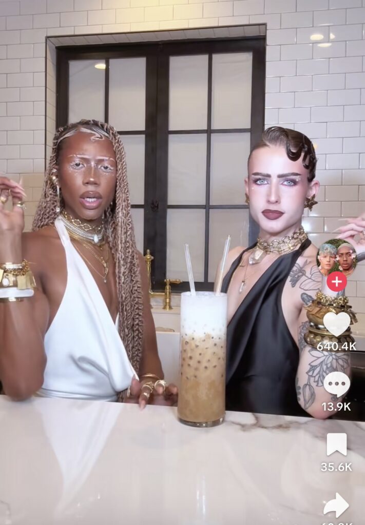 Photo of The Goddess Boys from TikTok by @beingadp, dressed up in black and white glam. Popular couples or group Halloween costume idea for 2025.