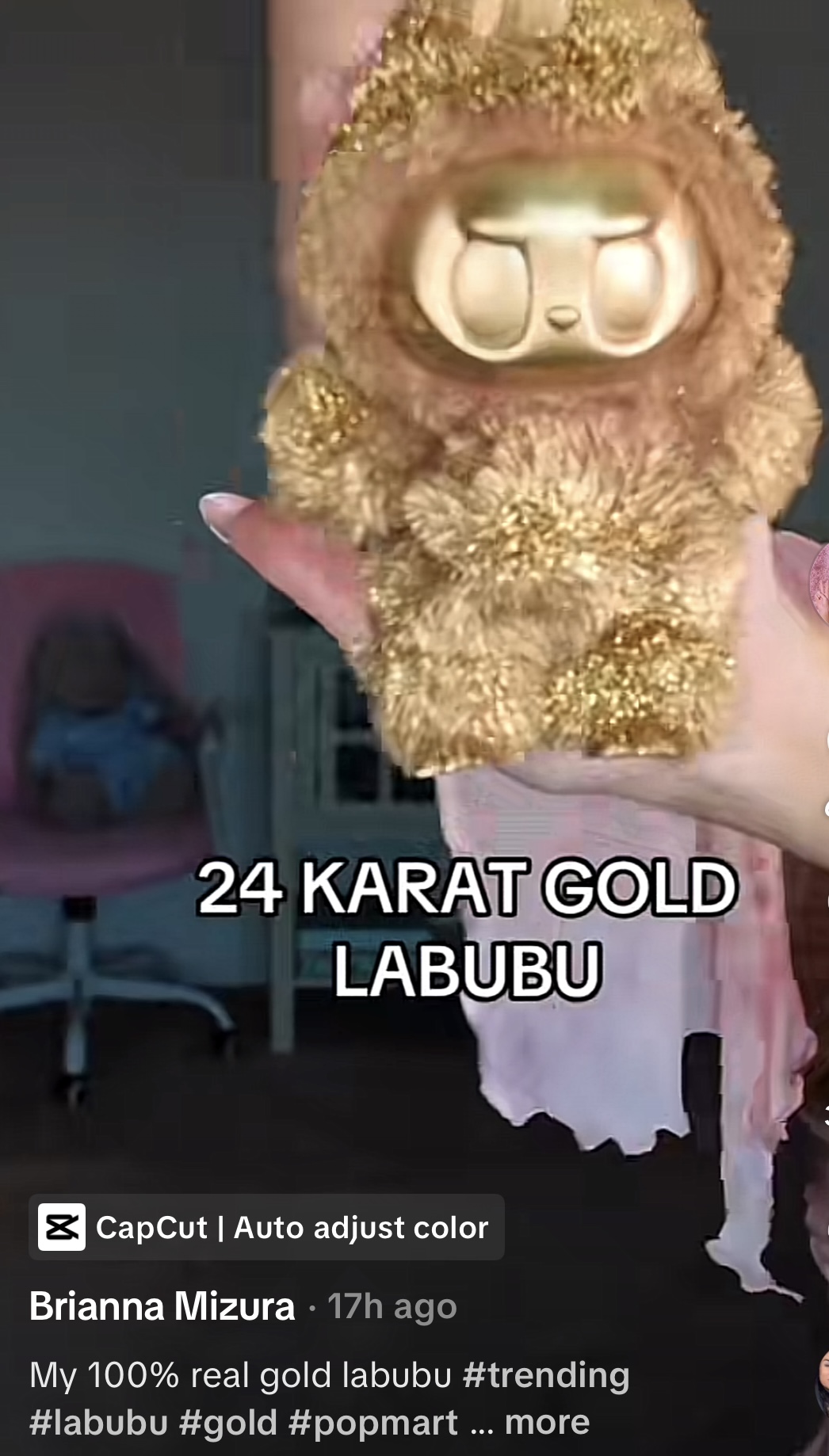 Image from TikTok by @brianna_mizura, showing the viral Gold Labubu plushie for Halloween. Trending costume for 2025 TikTok fans.