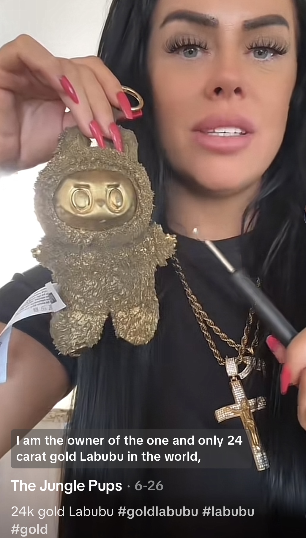 creenshot of the Gold Labubu TikTok character from @lilzbullzofficial, featuring the iconic gold plushie. Creative viral TikTok Halloween costume idea for 2025.