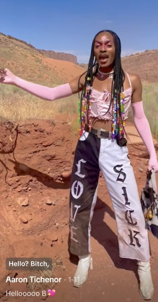 Second image from the viral “Hello Bitch” TikTok by @aarontichenor, showing outrageous outfit perfect for Halloween costume that’s trending in 2025.