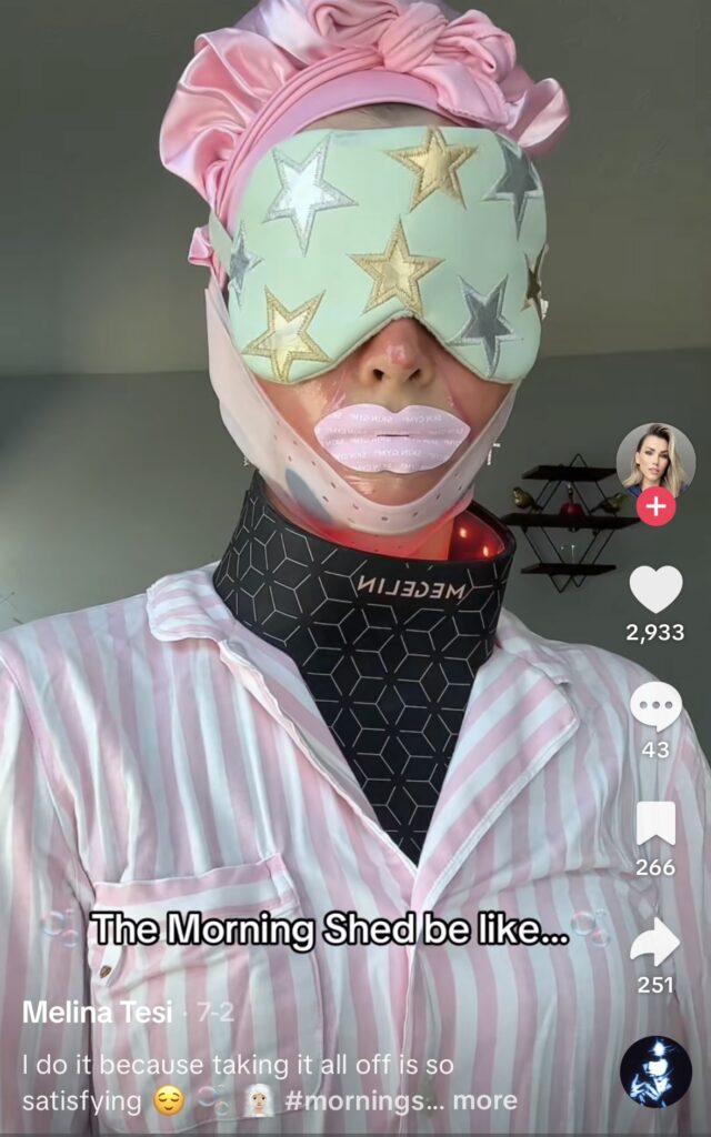 Image of a woman wearing lots of beauty products and skincare tape for the viral “Morning Shed” TikTok trend by @melinatesi. Hilarious Halloween costume idea for 2025.