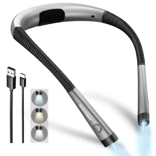Glocusent Book Light, 3-Color & 6-Brightness Reading Light, Bendable Neck Light, 80-hr Lasting Rechargeable Lamp, Perfect Book Light for Reading in Bed, Knitting, Camping, Repairing, Book Lovers G...