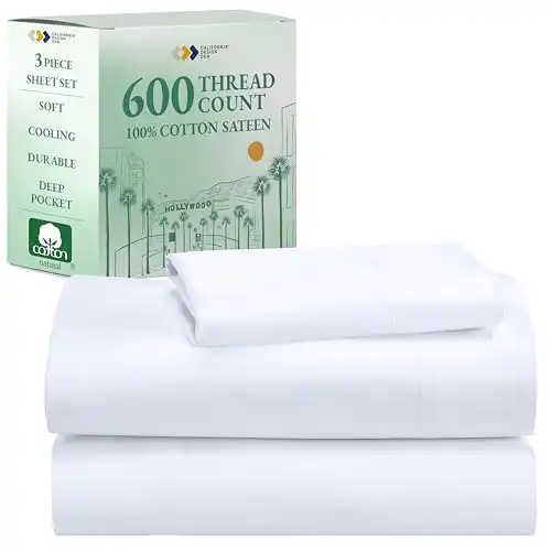 California Design Den XL Twin Sheets Set - Luxury 600 Thread Count 100% Cotton Sateen, Twin XL Sheet Set with All Around Elastic for a, Hotel Quality Bedding - White