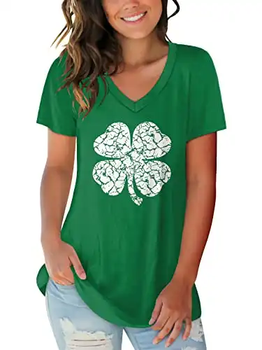 SAMPEEL St Patricks Day Shirt Women V Neck Summer Long Shirts for Women Clover L