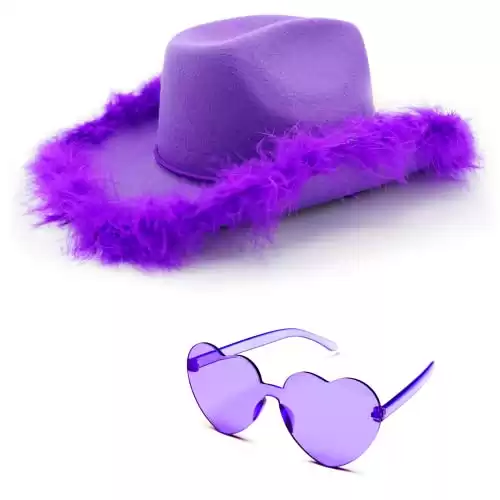 4E's Novelty Purple Cowboy Hat with feathers With Heart Shaped Sunglasses, Adult Size Womens Cowgirl Hat for Party Dress Up, Mardi Gras Outfit Accessories
