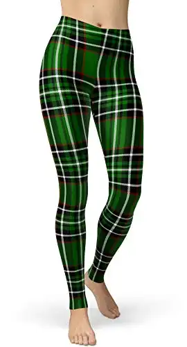 sissycos Women's St. Patrick's Day Checkered Plaid Printed Leggings Buttery Soft Stretchy Pants (Large-XX-Large, Green Check)