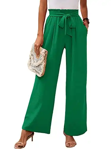 Heymoments Women's Wide Leg Lounge Pants with Pockets Green Large Lightweight High Waisted Adjustable Tie Knot Loose Comfy Casual Trousers