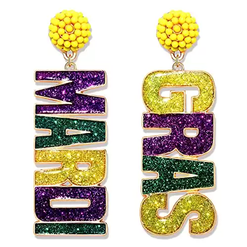 XOCARTIGE Mardi Gras Earrings Beaded Mask Letter MARDI GRAS Dangle Earrings for Women Girls Crown Carnival Drop Earrings Holiday Jewelry Gifts (Letter)