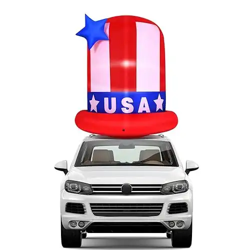 4ft 4th of July Inflatables Hat Parade Golf Cart Decoration with Light Patriotic Independence Day Star Spangled Top Hat Blow up Car Roof Decor Outdoor Indoor Home Celebration Garden Yard Lwan
