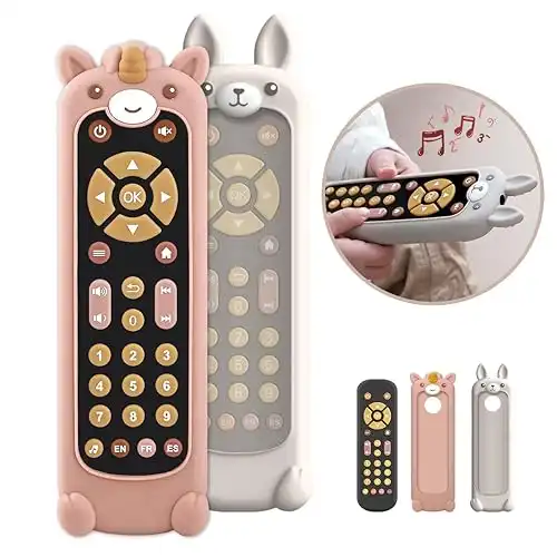 Nueplay Baby TV Remote Control Toy with Silicone Teether Cover, Toddler Realistic Controller, Early Number Learning in 3 Languages (English, Spanish & French), Preschool Girls Toys 6, 12, 18 Month...