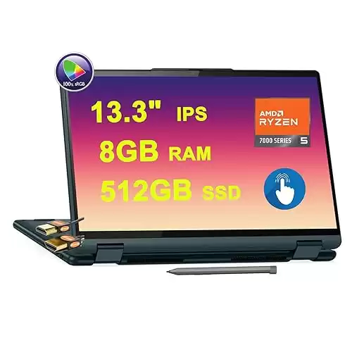 Lenovo Yoga 6 2-in-1 Laptop 13.3" WUXGA IPS Touchscreen (100% sRGB, Glossy, TÜV Low Blue Light) AMD 6-core Ryzen 5 7530U 8GB RAM 512GB SSD Backlit Fingerprint USB-C Pen Win11 Dark Teal + HDMI Ca...