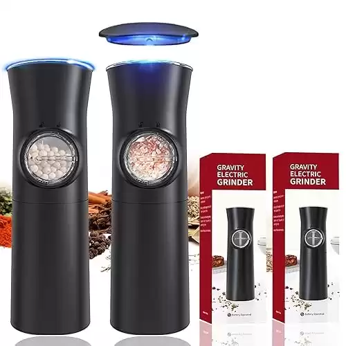 Gravity Electric salt and pepper grinder set, Automatic Salt and Pepper Mill Grinder, Battery Powered, Adjustable Coarseness, LED Light, One Hand Operation (Black 2 pack)