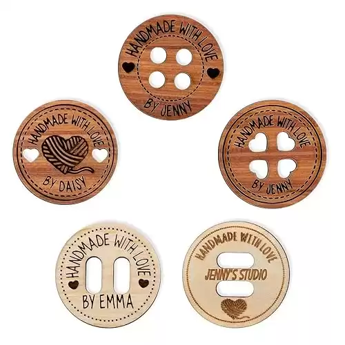 Personalized Wooden Name Buttons & Tags for Crafts Handmade with Love Gift for Knitting, Crocheting, Sewing, Scrapbooking