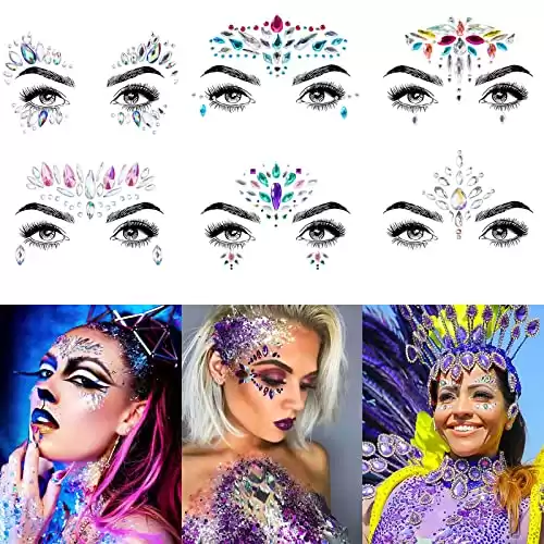 COKOHAPPY 6 Sets Rhinestone Mermaid Face Jewels Tattoo - BODY STICKERS Crystal Tears Gem Stones Bindi Temporary Stickers (Collection 1)