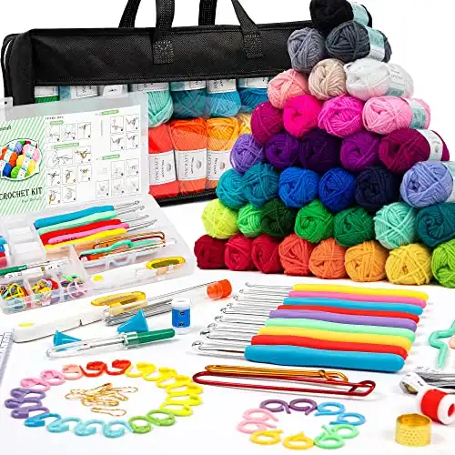 113 Piece Crochet Kit with Yarn Set 1600 Yards Assorted Yarn for Knitting and Crochet, 73PCS Crochet Accessories Set Including Ergonomic Hooks, Knitting Needles & More Ideal Beginner Kit