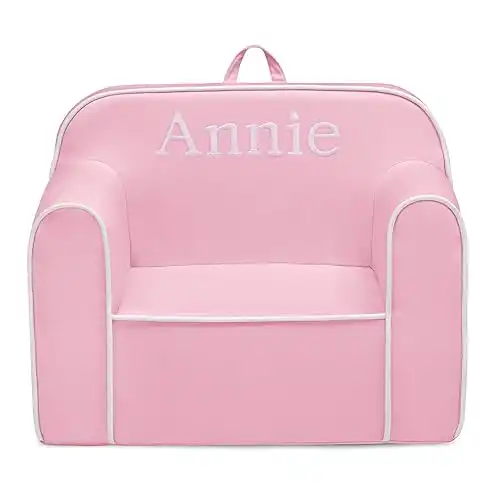Delta Children Cozee Chair for Kids - 1 Seater Foam Toddler Couch can be Personalized with Name, Has Removable Cover for Easy Machine Washing (25x18x20.5 Inches, Pink and White)