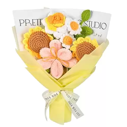 Crochet Flowers Bouquet 7Pcs Handmade Crochet Flower Gifts - Tulips Sunflowers Roses, Perfect for Holidays Anniversaries Weddings Home Decor, Ideal for Women Moms Wives Friends(Yellow)