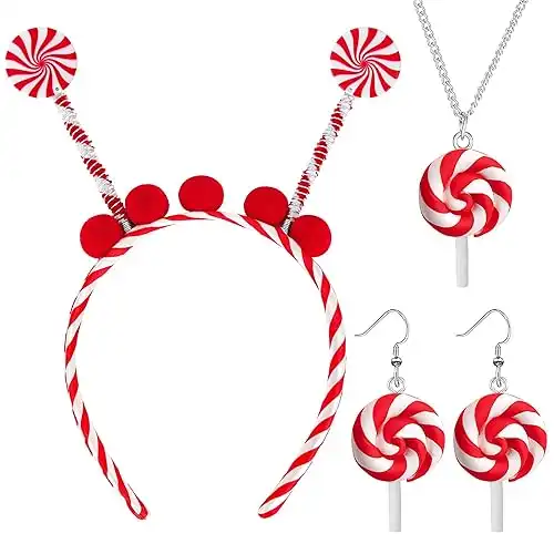 Yezmo 4PCS Candy Cane Headband Set, Lollipop Costume Accessories with Candy Cane Headband Earrings Necklace for Women Girls