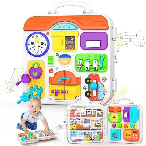 Montessori Toys for 1-2 Year Old Boy Girl, 15-in-1 Musical Busy Board, Birthday Gifts for 1-2 Year Old, Educational Toddler Toy Age 1-2, Baby Toy 12-18 Month, Learning Toys for Toddlers 1-3