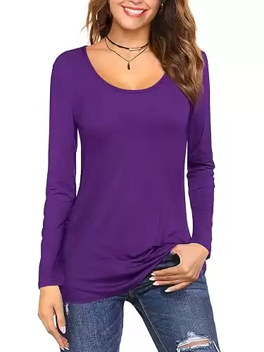 Amoretu Tops for Women Basic Long Sleeve T Shirts Plain Casual Loose Fit Round Neck Tee for Fall Clothing