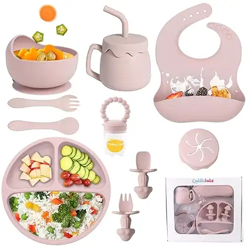 Silicone Baby Feeding Set with Suction, 10 Pcs Baby Led Weaning Supplies with Suction Bowl Divided Plate Adjustable Soft Bib Spoon Fork Snack Cup with Lid and Other Utensils (Sakaura Pink)
