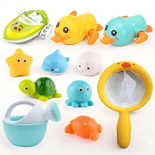 Bath Toys for Babies 6-12 Months+, Swimming Ducks Amphibious Dinghy Bath Toys for Kids Ages 1-3, No Hole Animal Floating Pool Toys for Toddlers 1-3, Fishing Net Watering Can Baby Bathtub Water Toys