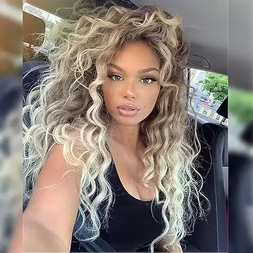 GNIMEGIL Long Curly Blonde Wigs for White Women Ash Blonde Ombre Wig Natural Fluffy Hair Thick Hairline Synthetic Wigs 26inches Long Wig Wavy
