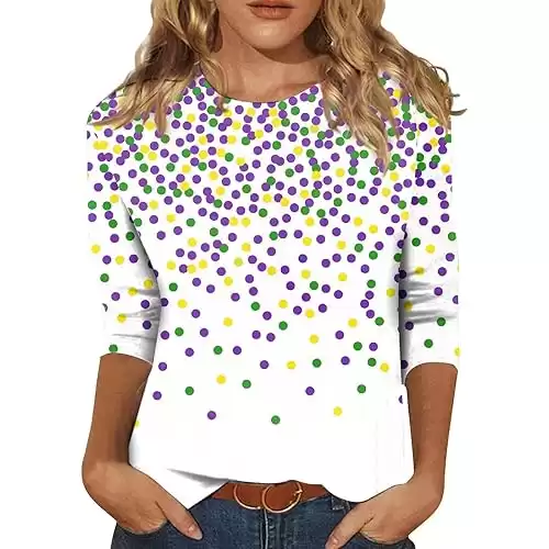 2024 Mardi Gras Shirts for Women Carnival Themed Tops Plus Size Blouses Holiday Party Costumes 3/4 Sleeve Outfits