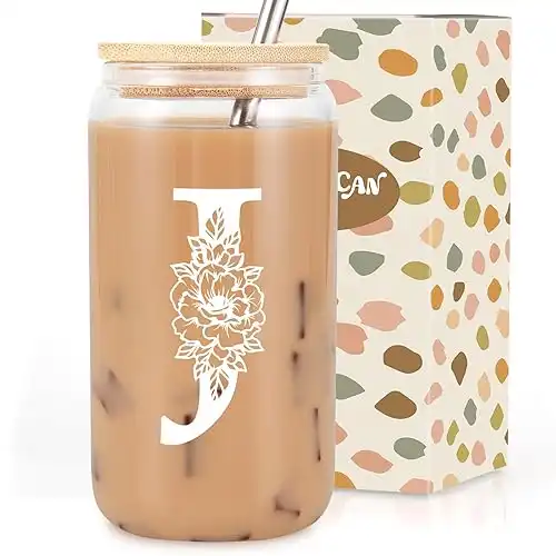 Coolife Initial Glass Cup, Monogrammed Gifts for Women, 16 oz Glass Cups w/Lids Straws, Iced Coffee Smoothie Beer Tumbler w/Straw Lid - Personalized Valentines Day, Birthday Gifts for Her Mom Friend