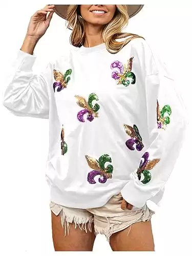 Womens Mardi Gras Sweatshirt Fleur De Lis Sequin Patches Pullover Crewneck Long Sleeve Tops