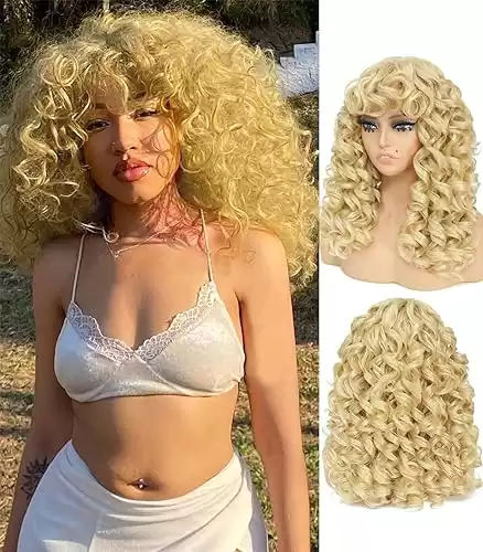 Big-Curly Blonde Wig - 20 Inch Long Curly Afro with Bangs, Synthetic Hair, Perfect for White & Black Women, Cosplay & Daily Use