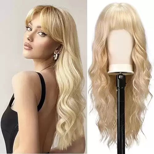 BARSDAR Long Blonde Wig With Bangs - 26 Inch Long Wavy Wig with Bangs for Women - Synthetic Blonde Hair Wigs Natural Looking Daily Cosplay Party Halloween